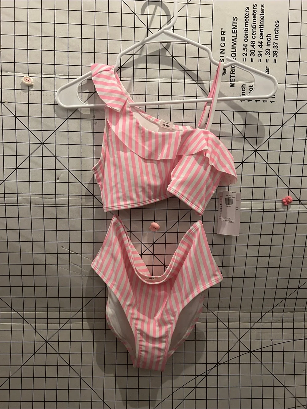 Old Navy Pink and White Striped One-Shoulder Ruffle Two-Piece Swim Set